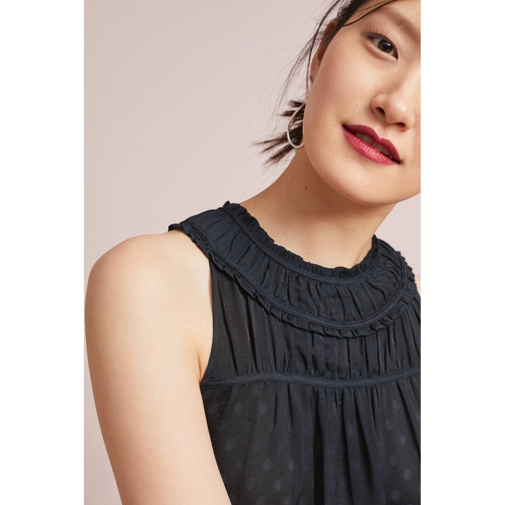 Maeve Anthropologie Blouse 8 Navy Blue Clip Dot Ruffle Sleeveless Clovis Top - Picture 3 of 10